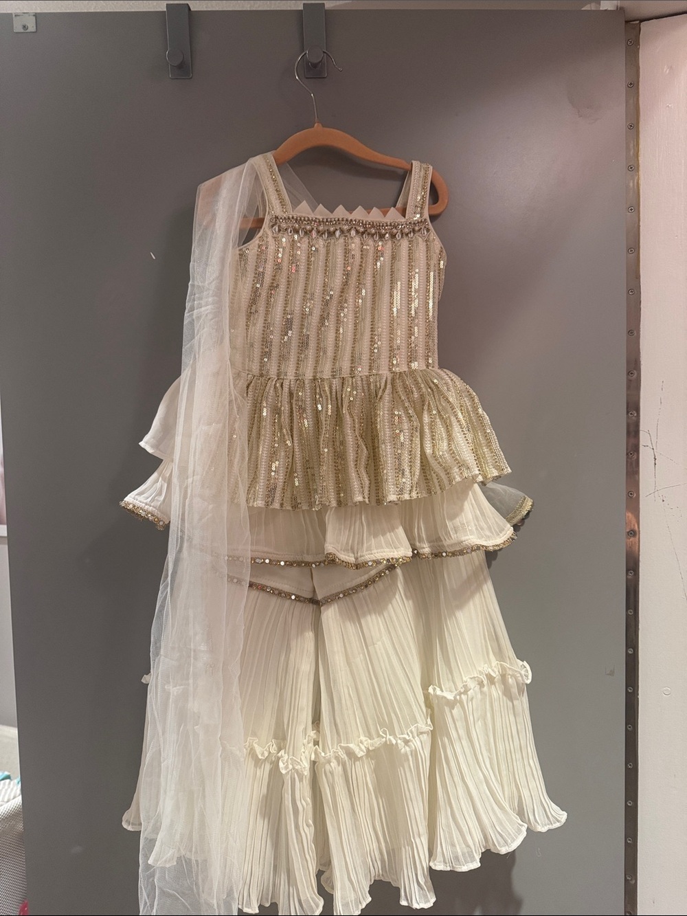 Cream Sequin Tiered Kids Costume Dress with Dupatta